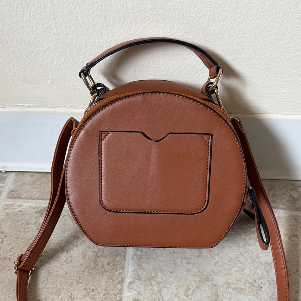 Brown Round Top-Handle Crossbody Bag with Gold Embellishment - Picture 3 of 5